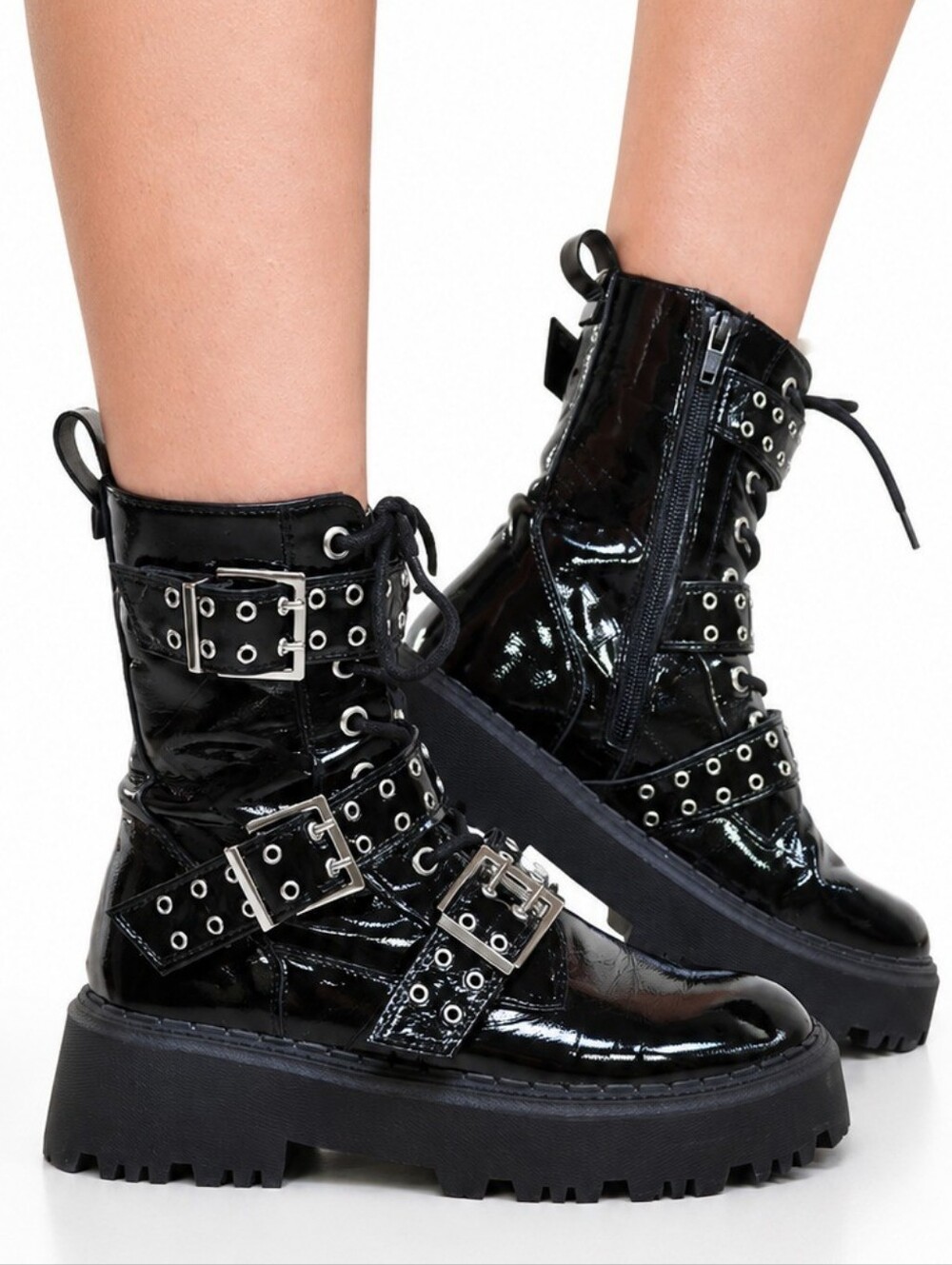 ZARA Black Patent Buckle Combat Moto Boots Size eu 35
